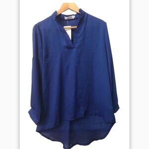 NWT Makiyo Long Roll Tab Sleeves Semi Sheer Blouse Top Size XXL Blue